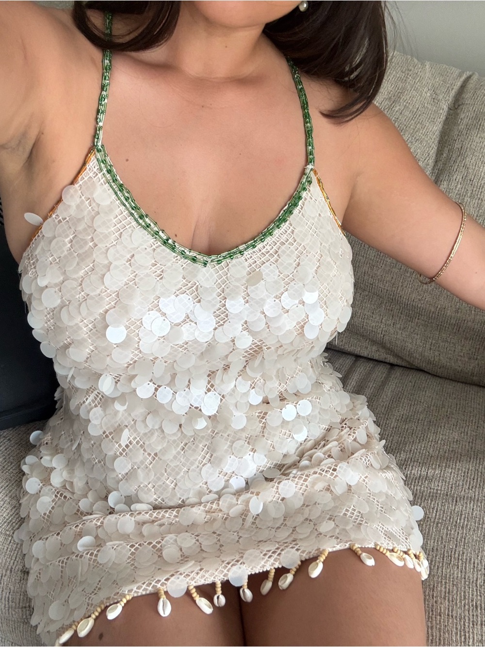 TROPICOQUETA DRESS Beaded Sequin Spaghetti Strap Dress in Nude - Picture 2 of 6